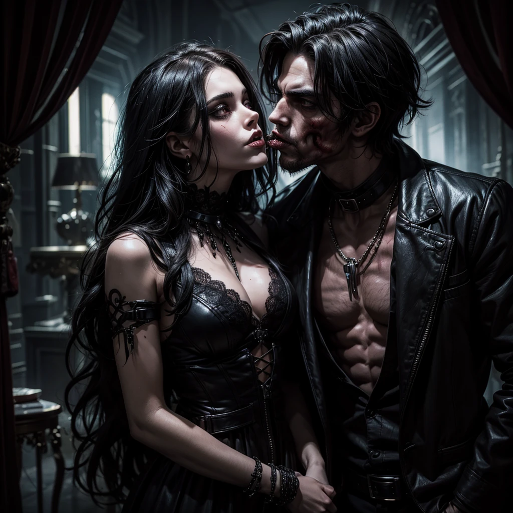 A male zombie and a sexy dark female vampire kissing, in the background a sinister and mysterious gothic environment