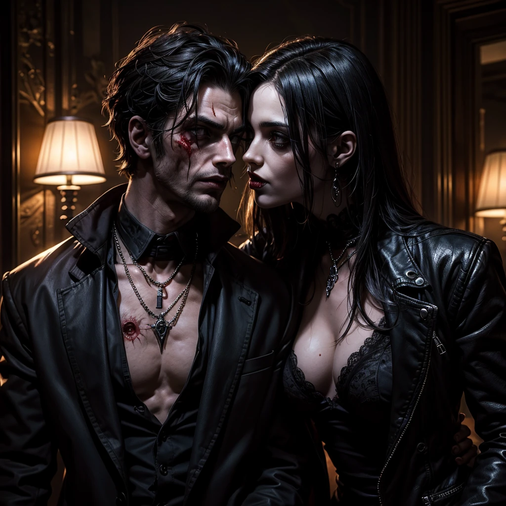 A male zombie and a sexy dark female vampire kissing, in the background a sinister and mysterious gothic environment