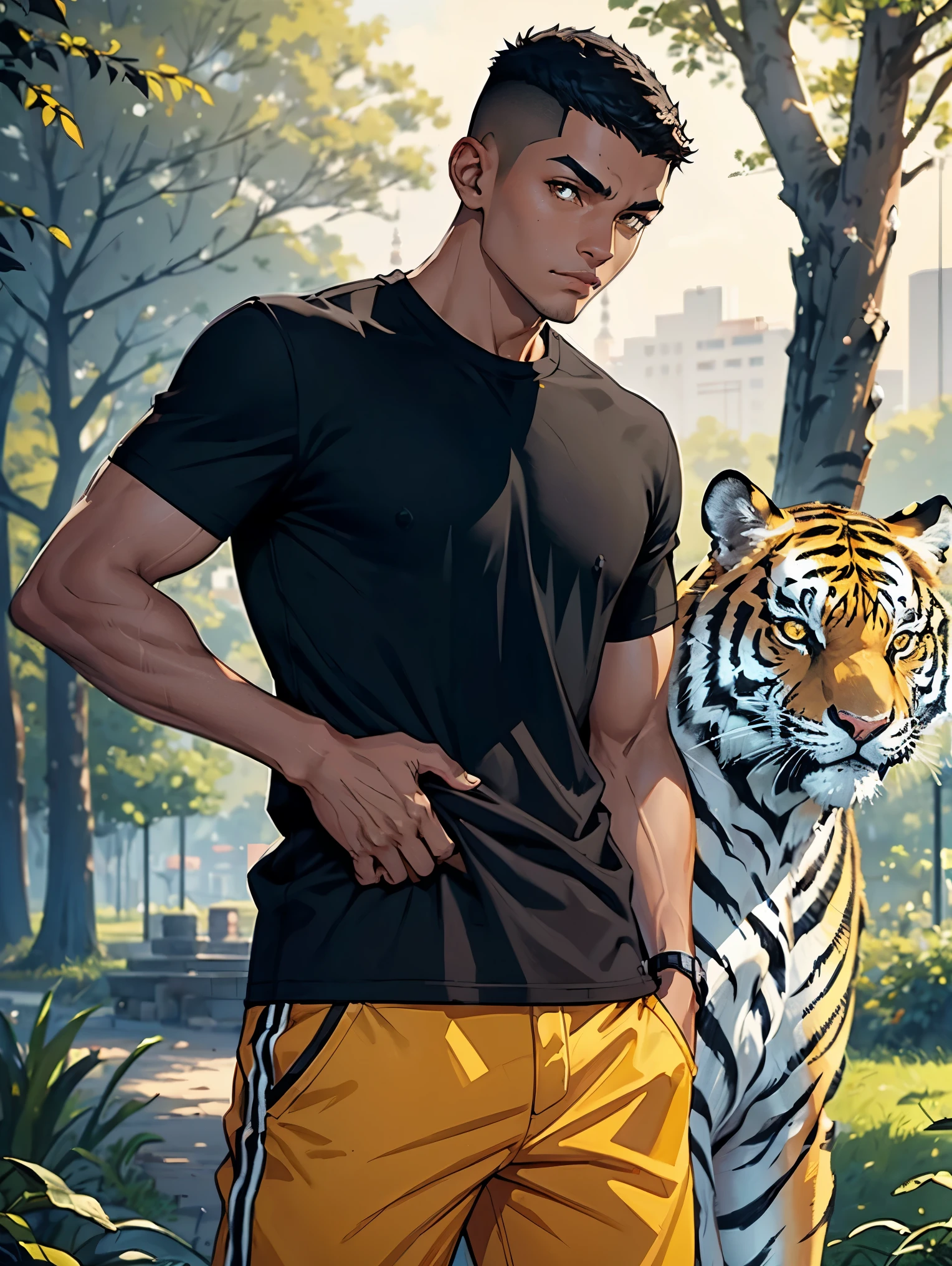 man1,(black skin),round face,brown eyes,black hair,high skin fade haircut for short hair,yellow t-shirt,(a tiger as a pet,Stands with tiger,in the park),retina,masterpiece,ccurate,anatomical correct, textured skin,super detail,high quality,high details,best quality,highres,UHD,1080P