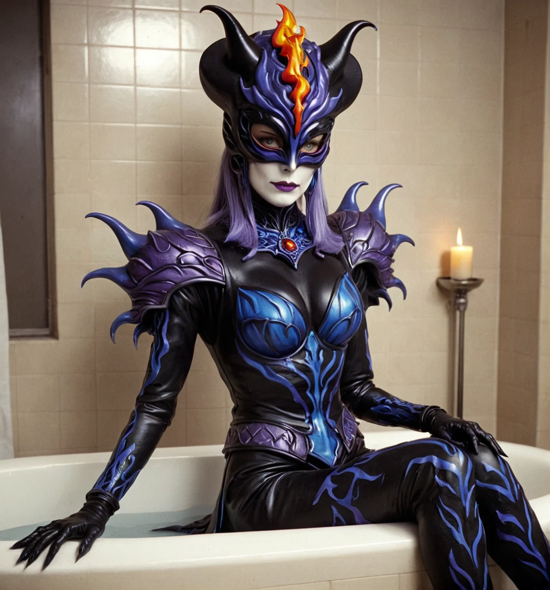 kaijinxl. full body, perfect anatomy. a tall countess, from behind, wearing a black shadows (violet dark flames:1.2) monster themed costume and mysterious blue eyed mask with flames form headgear. emphasized-details, sitting on the edge of the bathtub, gloomy, retro filter, VHS screencap,  