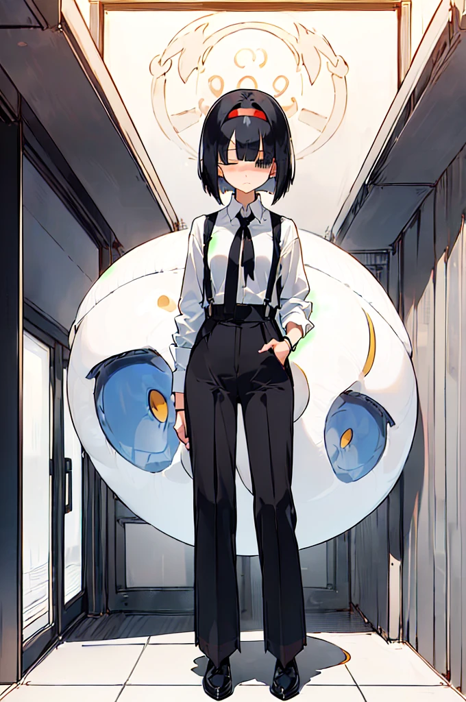 (((((shy girl))))), ((((shy posture)))), (((1 Girl))), (((standing up straight))), (((full body))), (((amber-colored irises))), ((((flat chested)))), ((((Urabe Mikoto Mysterious Girlfriend X anime style haircut)))), ((((((((hair bangs over eyes)))))))), ((((eyes hiding behind hair)))), (((short messy bob-cut))), (((eyes not visible due to being covered by hair))), ((eyes not visible due to be hidden by hair bangs)), ((((black high-waist long slacks)))), ((black suspenders)), (((black tie))), (((women's dress shirt))), ((women's dress shoes)), (((20-year-old Office Lady))), ((((Office Setting))).