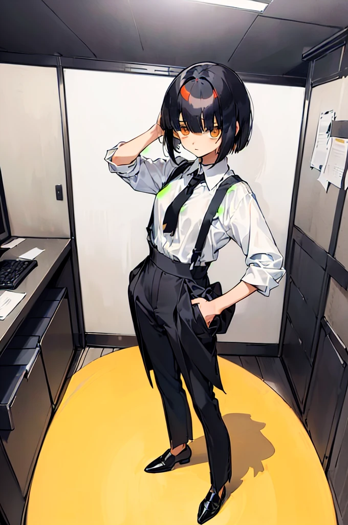 (((((shy girl))))), ((((shy posture)))), (((1 Girl))), (((standing up straight))), (((full body))), (((amber-colored irises))), ((((flat chested)))), ((((Urabe Mikoto Mysterious Girlfriend X anime style haircut)))), ((((((((hair bangs over eyes)))))))), ((((eyes hiding behind hair)))), (((short messy bob-cut))), (((eyes not visible due to being covered by hair))), ((eyes not visible due to be hidden by hair bangs)), ((((black high-waist long slacks)))), ((black suspenders)), (((black tie))), (((women's dress shirt))), ((women's dress shoes)), (((20-year-old Office Lady))), ((((Office Setting))).