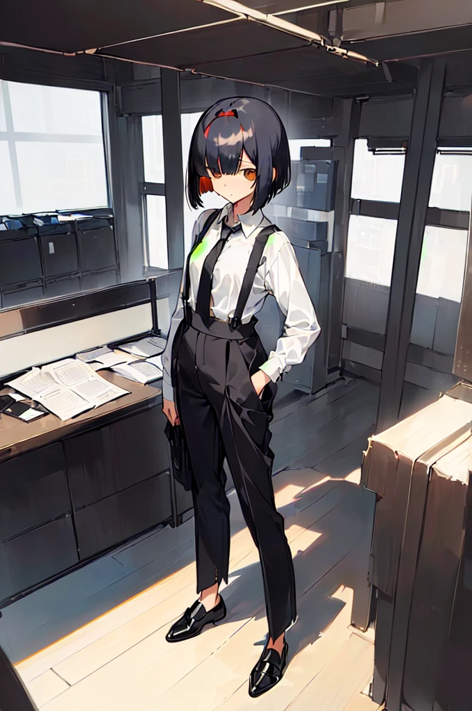 (((((shy girl))))), ((((shy posture)))), (((1 Girl))), (((standing up straight))), (((full body))), (((amber-colored irises))), ((((flat chested)))), ((((Urabe Mikoto Mysterious Girlfriend X anime style haircut)))), ((((((((hair bangs over eyes)))))))), ((((eyes hiding behind hair)))), (((short messy bob-cut))), (((eyes not visible due to being covered by hair))), ((eyes not visible due to be hidden by hair bangs)), ((((black high-waist long slacks)))), ((black suspenders)), (((black tie))), (((women's dress shirt))), ((women's dress shoes)), (((20-year-old Office Lady))), ((((Office Setting))).
