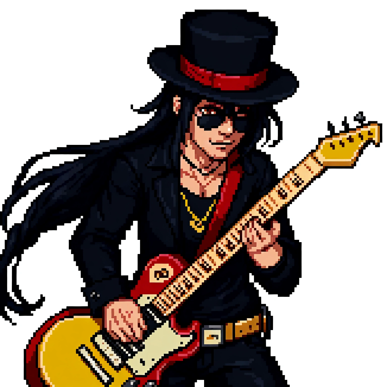 Create a pixel art style image of legendary guitarist Slash. Na cena, he must be playing his iconic Gibson Les Paul guitar, with his characteristic black top hat and sunglasses. Sua longa cabeleira cacheada deve ser destacada. A cena deve ser vibrante, com um palco iluminado por luzes coloridas ao fundo, criando uma atmosfera de show de rock. Add details like surrounding amplifiers and a lively crowd in the background. Use uma paleta de cores que capture a energia do rock n' roll, com tons intensos de preto, vermelho e dourado.