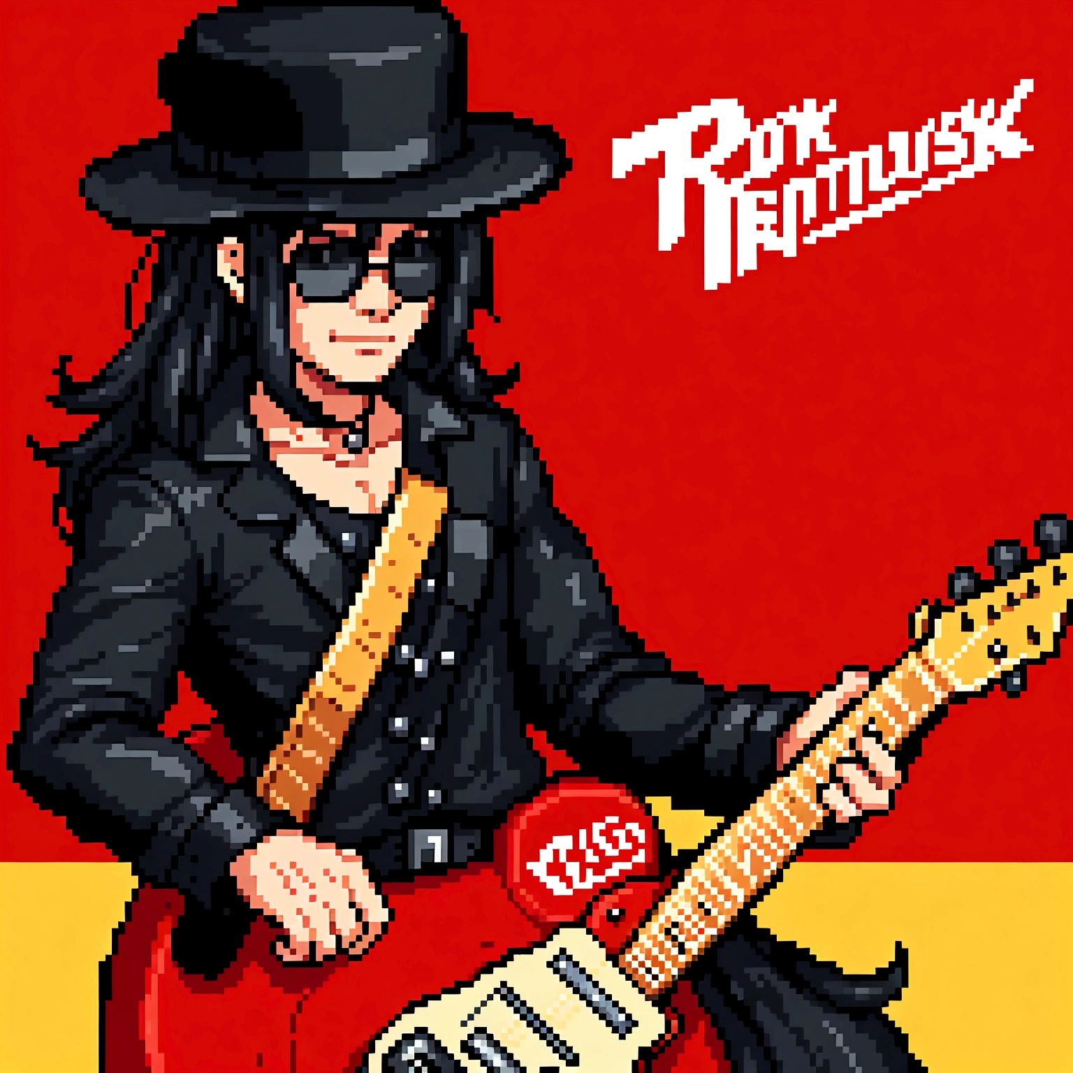 Create a pixel art style image of legendary guitarist Slash. Na cena, he must be playing his iconic Gibson Les Paul guitar, with his characteristic black top hat and sunglasses. Sua longa cabeleira cacheada deve ser destacada. A cena deve ser vibrante, com um palco iluminado por luzes coloridas ao fundo, criando uma atmosfera de show de rock. Add details like surrounding amplifiers and a lively crowd in the background. Use uma paleta de cores que capture a energia do rock n' roll, com tons intensos de preto, vermelho e dourado.