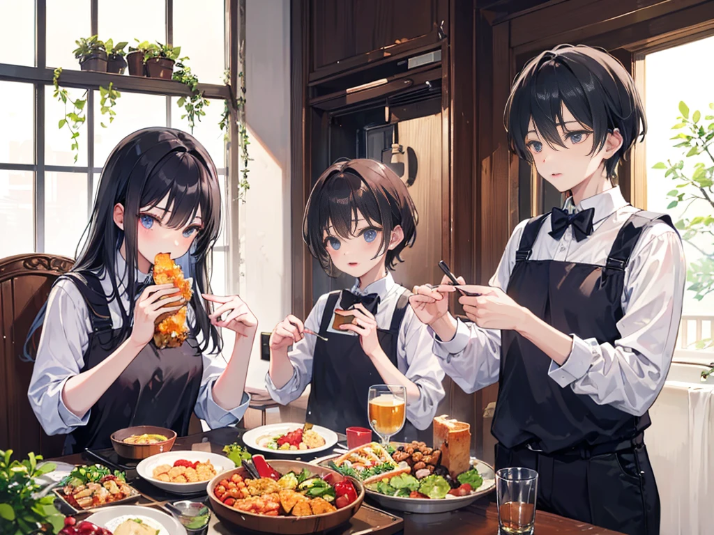 The family was eating，2 boys、One of them is a mother，Two young sons