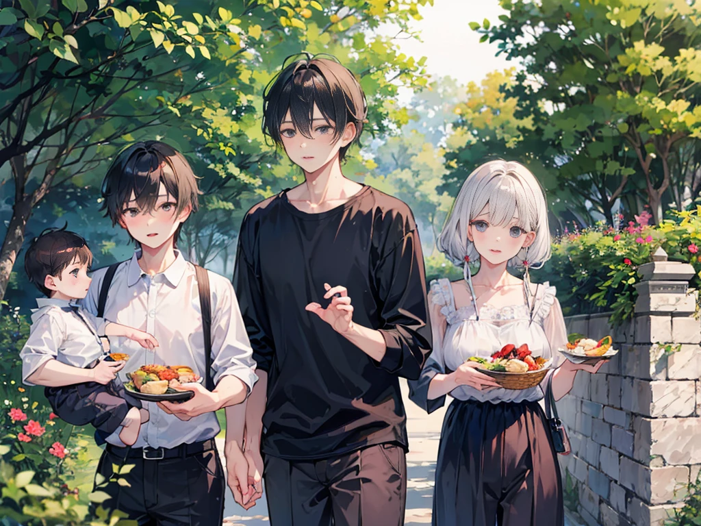 The family was eating，2 boys、One of them is a mother，Two young sons