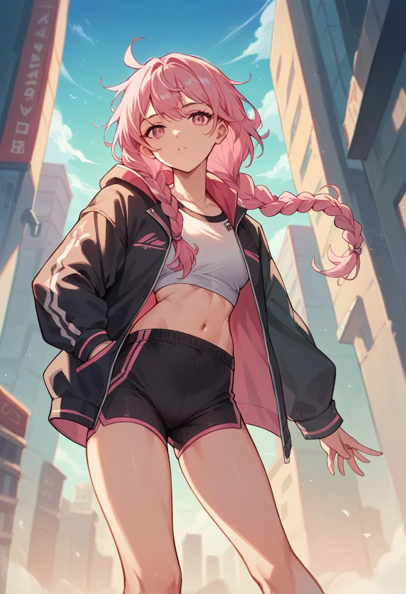 1 girl, pink hair, has braids, pink eyes, black jacket with pink details, short and tight shorts, sports shorts, in the city, masterpiece, warm light, blue sky.