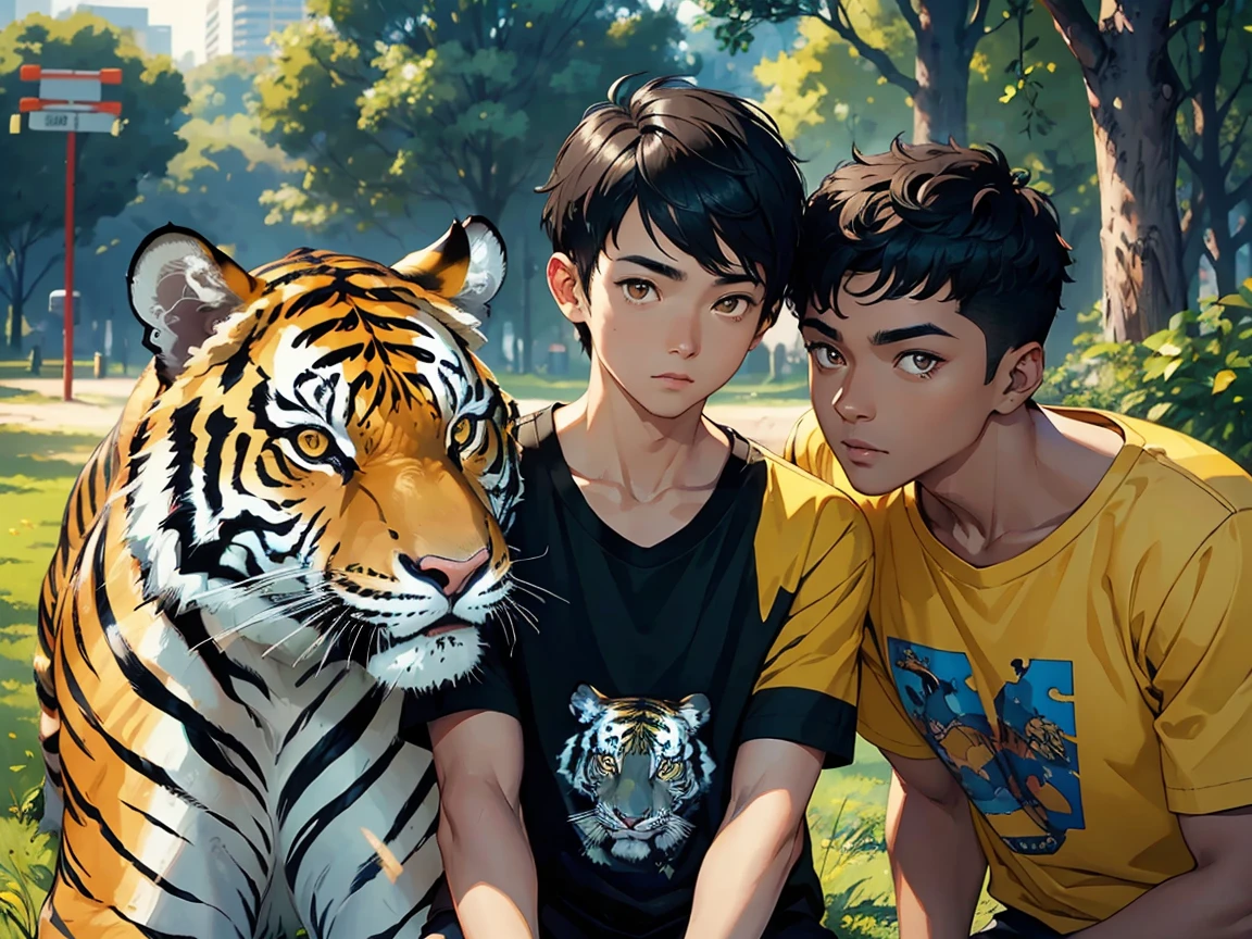 man1,(black skin),round face,brown eyes,black hair,high skin fade haircut for short hair,yellow t-shirt,(a tiger as a pet,Stands with tiger,in the park),retina,masterpiece,ccurate,anatomical correct, textured skin,super detail,high quality,high details,best quality,highres,UHD,1080P