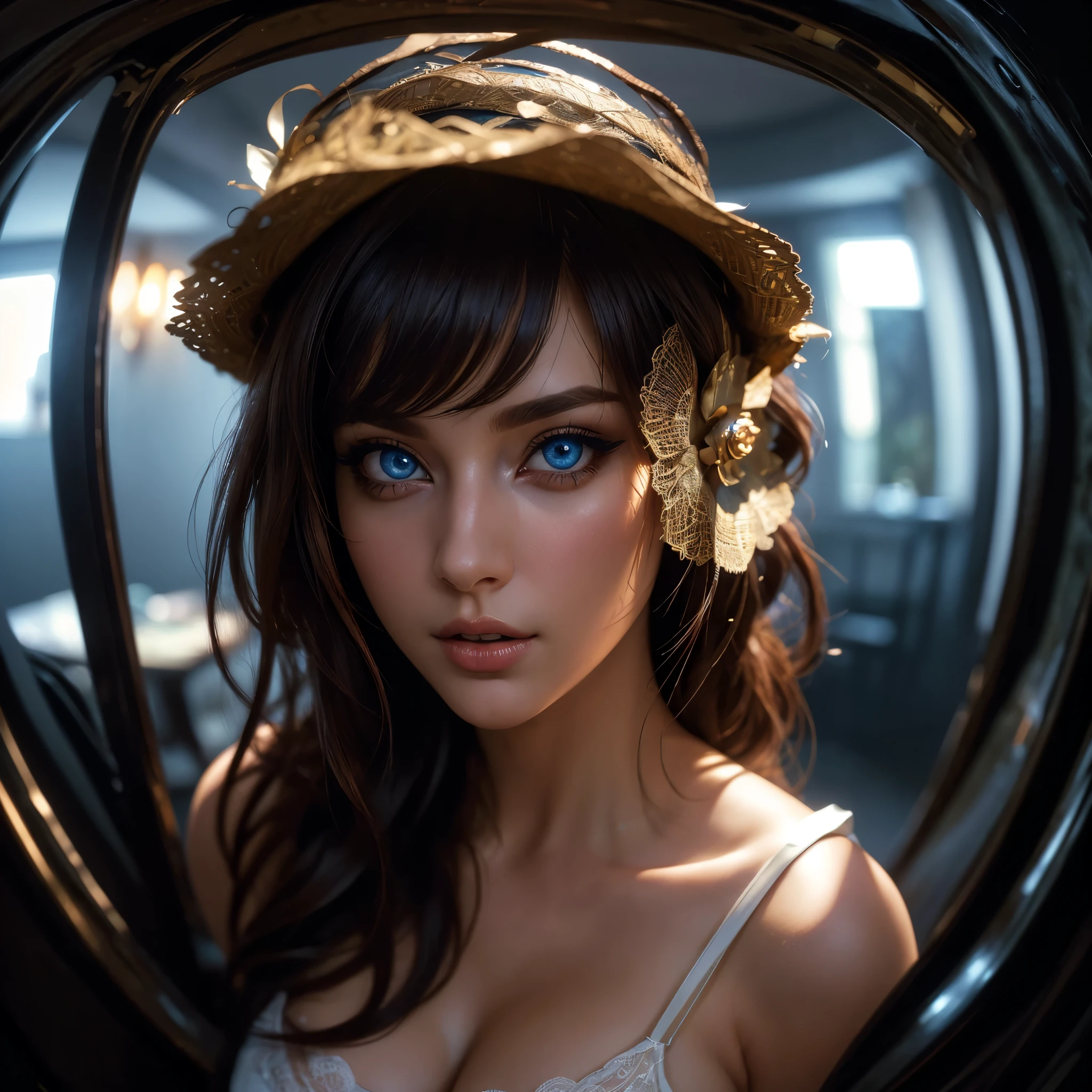 (((Full body 1.1, panorama, full-length, wallpaper, photo-posing, for magazine cover 1.1))), (((( very beautiful eyes 1.1)))). (perfect details: 1.1), (beautiful and clear background: 1.2), (extremely detailed CG, ultra detailed, best shadow: 1.1), (((finely detailed beautiful eyes))), (full length 1.1).a very beautiful woman with dark skin, red hair in a bob hairstyle, expressive blue eyes, wearing white lace lingerie, in a bedroom setting with a sexy and erotic atmosphere,(best quality,4k,8k,highres,masterpiece:1.2), ultra-detailed,(realistic,photorealistic,photo-realistic:1.37),portrait,glamorous,dramatic lighting,cinematic,chiaroscuro HDMI, HDRI, UDHD,(( Scatter effect)), (( volume effect 1.1)), (( Depth sharpness 1.1)), ((fisheye lens)).(perfect details: 1.1), (beautiful and clear background: 1.2), (extremely detailed CG, ultra detailed, best shadow: 1.1), (finely detailed beautiful eyes) , (full-length 1.1)