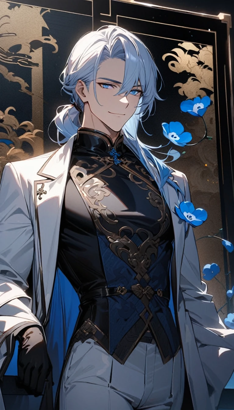 (masterpiece:1.5),best quality,(1 Handsome man),alone,white medium length hair,Low ponytail,(blue eyes), (A soft smile),elegant,perfect face,Fantasy Chinese style,Long black trench coat,white and blue cloth,Complex clothing design with Chinese elements,Black leather gloves,white lining,White suit pants,Slightly muscular body,High,8K,Beautiful contrast of light and shadow,Dark luxury background,(complete upper body),Positive face,((Nemophila)),luxury screen,blue flowers
