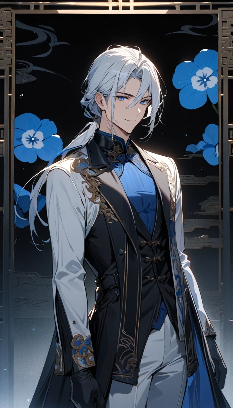 (masterpiece:1.5),best quality,(1 Handsome man),alone,white medium length hair,Low ponytail,(blue eyes), (A soft smile),elegant,perfect face,Fantasy Chinese style,Long black trench coat,white and blue cloth,Complex clothing design with Chinese elements,Black leather gloves,white lining,White suit pants,Slightly muscular body,High,8K,Beautiful contrast of light and shadow,Dark luxury background,(complete upper body),Positive face,((Nemophila)),luxury screen,blue flowers
