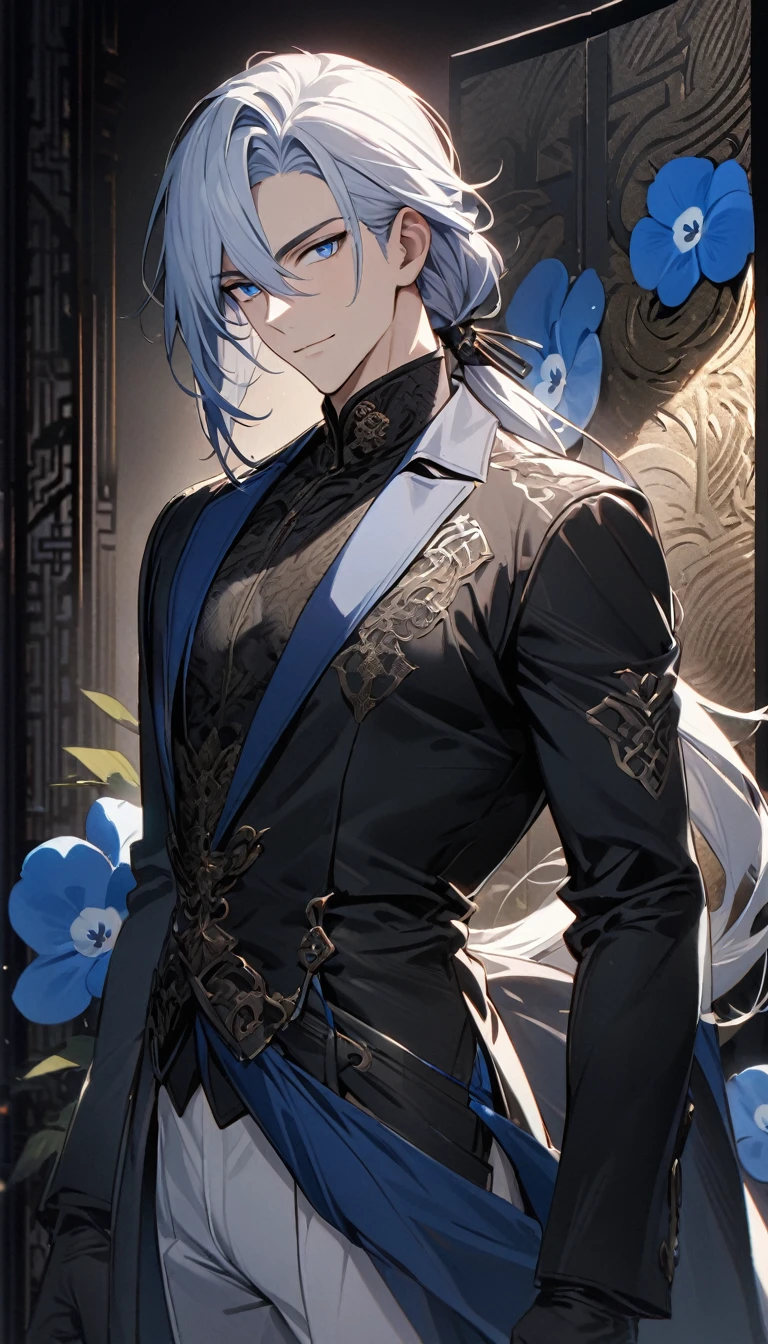 (masterpiece:1.5),best quality,(1 Handsome man),alone,white medium length hair,Low ponytail,(blue eyes), (A soft smile),elegant,perfect face,Fantasy Chinese style,Long black trench coat,white and blue cloth,Complex clothing design with Chinese elements,Black leather gloves,white lining,White suit pants,Slightly muscular body,High,8K,Beautiful contrast of light and shadow,Dark luxury background,(complete upper body),Positive face,((Nemophila)),luxury screen,blue flowers