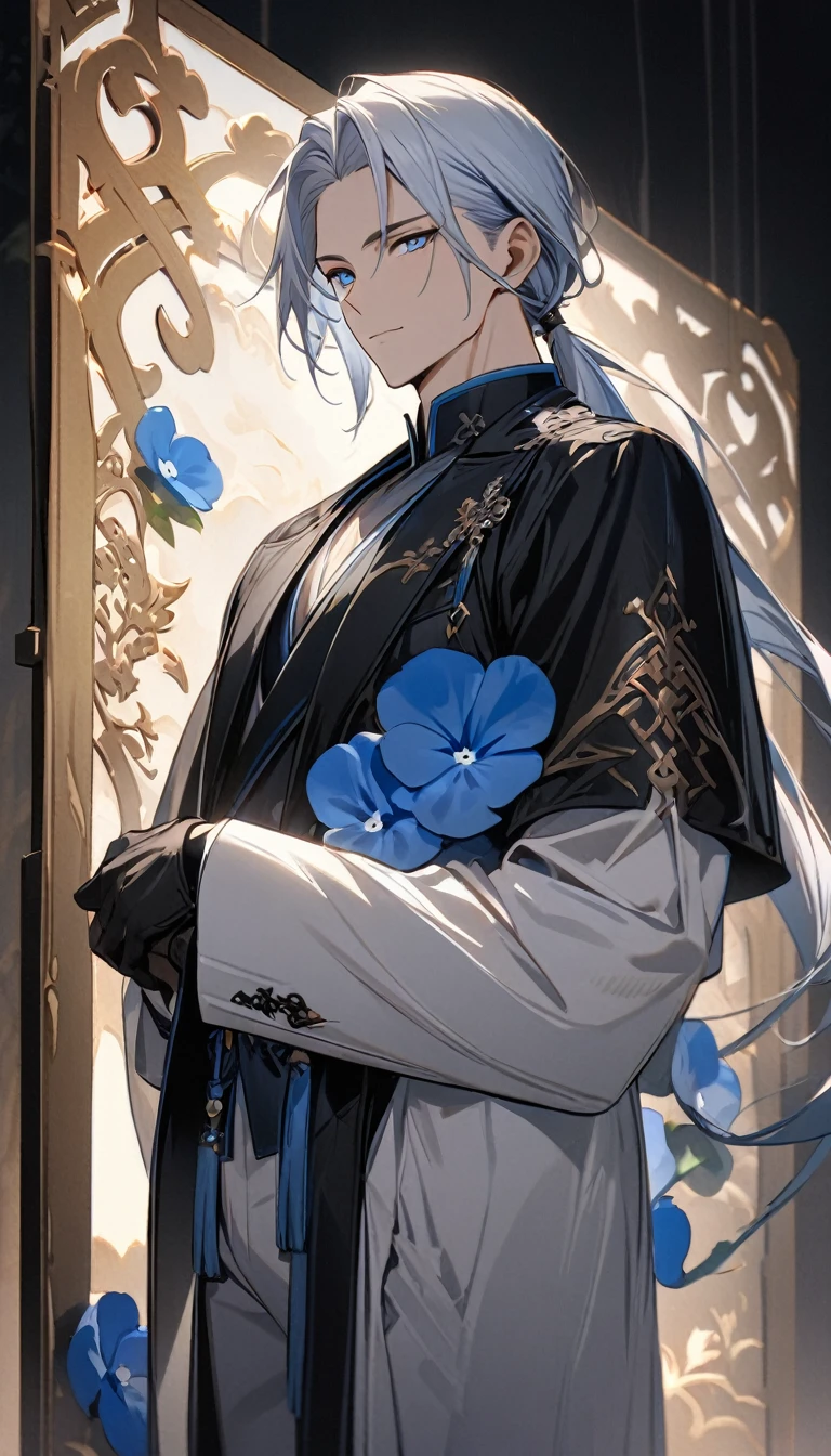 (masterpiece:1.5),best quality,(1 Handsome man),alone,white medium length hair,Low ponytail,(blue eyes), (A soft smile),elegant,perfect face,Fantasy Chinese style,Long black trench coat,white and blue cloth,Complex clothing design with Chinese elements,Black leather gloves,white lining,White suit pants,Slightly muscular body,High,8K,Beautiful contrast of light and shadow,Dark luxury background,(complete upper body),Positive face,((Nemophila)),luxury screen,blue flowers