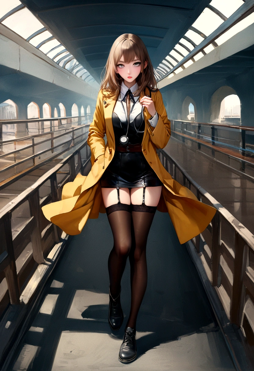 Realistic plastic surgeon standing in the blue sea、amazingly beautiful, kala shar、(top quality、8K、32K、masterpiece、North African Free Trade Area:1.3)、ultra high resolution,(realism:1.4),original photo, detailed face,,beautiful hair, ((doctor style)), , Black tank top,When wearing yellow clothes,black short skirt、black stockings, natural makeup, detailed background, perfect reading,beautiful waist, depth of field, beautiful shadow gradient,stethoscope , smiley face, lipstick, Full-body capture, full body lesbian, eyes looking at camera, detailed eyes, pretty eyes,legs close up,legs are long and thin.,panoramic long bridge