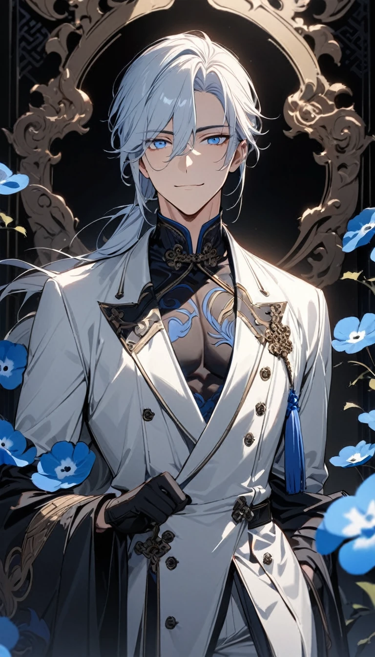 (masterpiece:1.5),best quality,(1 Handsome man),alone,white medium length hair,Low ponytail,(blue eyes), (A soft smile),elegant,perfect face,Fantasy Chinese style,Long black trench coat,white and blue cloth,Complex clothing design with Chinese elements,Black leather gloves,white lining,White suit pants,Slightly muscular body,High,8K,Beautiful contrast of light and shadow,Dark luxury background,(complete upper body),Positive face,((Nemophila)),luxury screen,blue flowers