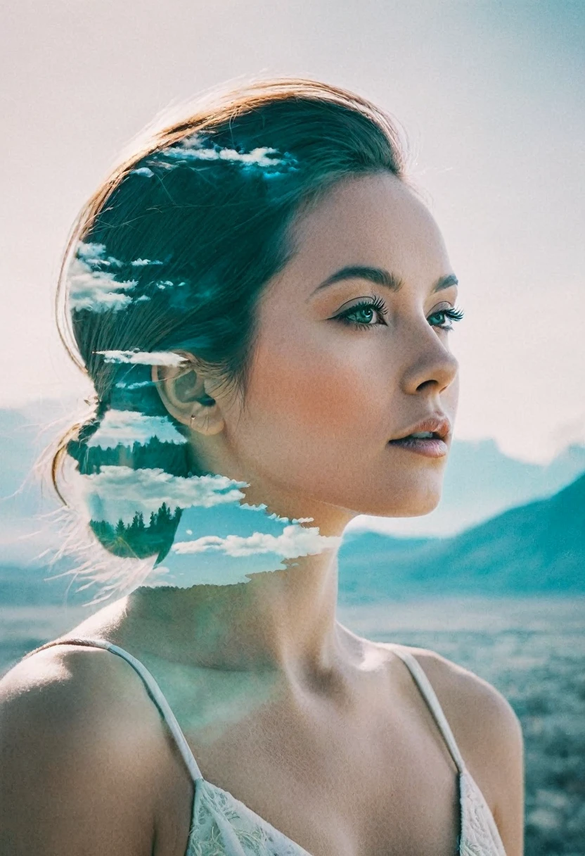 (Double Exposure Photography by Stanley Stellar and Josefa Pla Marco:1.2), award-winning photography, upper body, aesthetic, dazzling atmosphere, atmospheric scattering, perfectly focused, f/22, symmetry and balance, artistic, infrared photography, outstanding details, (opal multi-color and opaque colors:0.1)