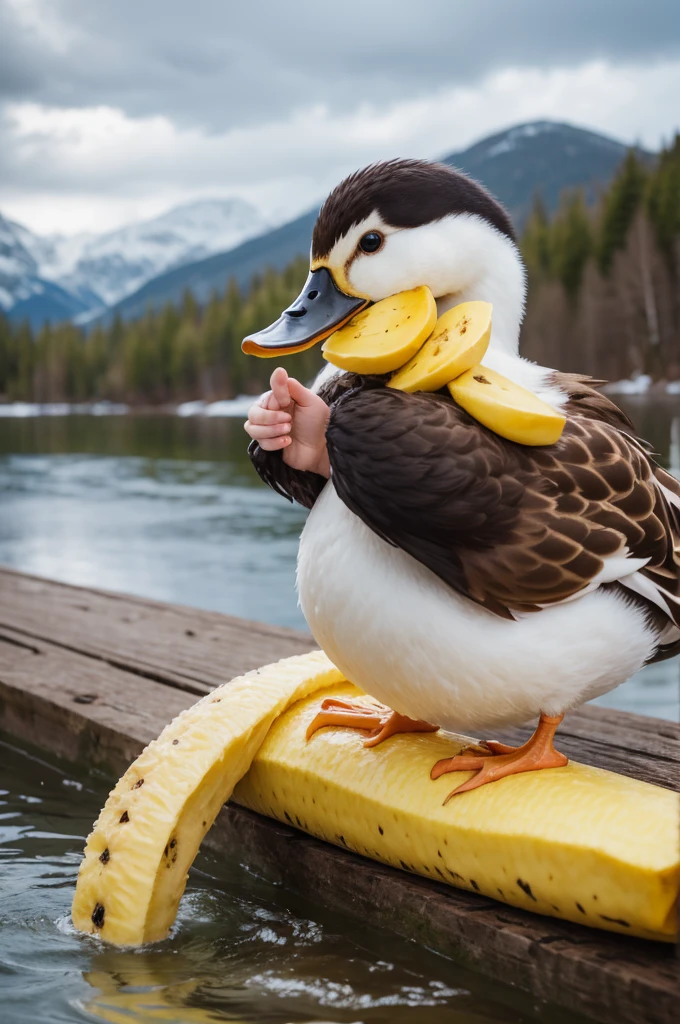 Duck eating a banan while using winter clothes on the water