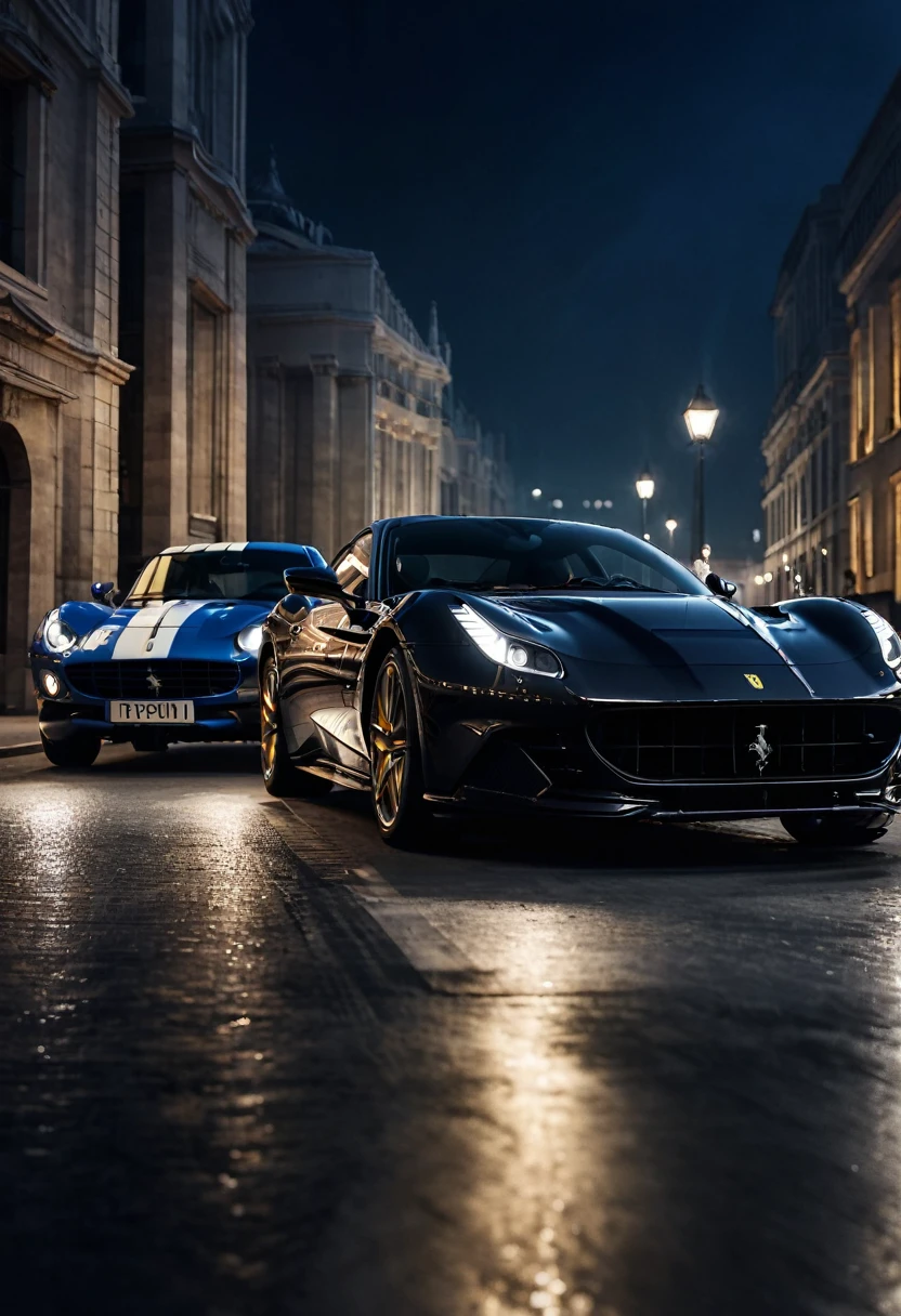 Stunning close-up of two luxury cars, a Ferrari and a Ford, very close, both dark in color, standing side by side, very close, headlights facing the viewer, very close. There are starting flags in front of the cars. The glossy paint of cars reflects light, emphasizing their elegant and expensive design. There are starting flags in front of the cars. The surrounding decor is rich and glamorous, dark, further enhancing the feeling of high-end competition. The atmosphere is electric and conveys the excitement and intensity of a prestigious sports car race. dark background