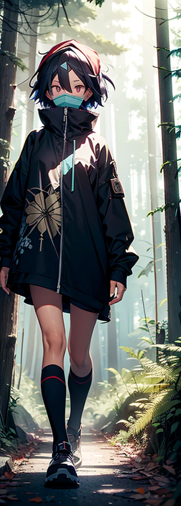 Kyoukai character cowl bandana on forehead 1girl standing alone in forest hiding in bushes