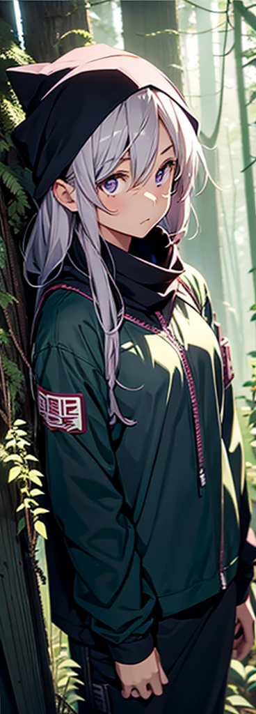 Kyoukai character cowl bandana on forehead 1girl standing alone in forest hiding in bushes