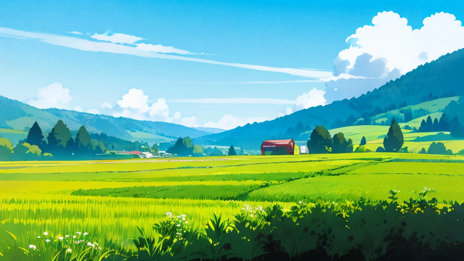 A serene, picturesque landscape with fields of grass, against the backdrop of a blue sky and rolling hills on the horizon. The scene is rendered with exceptional quality, attention to detail, and a photorealistic aesthetic. best quality,4k,8k,highres,masterpiece:1.2,ultra-detailed,realistic,photorealistic,photo-realistic:1.37,HDR,UHD,studio lighting,ultra-fine painting,sharp focus,physically-based rendering,extreme detail description,professional,vivid colors,bokeh,blue_sky,clear_sky,day,field,horizon,mountain,mountainous_horizon,outdoors,sky,summer,hills