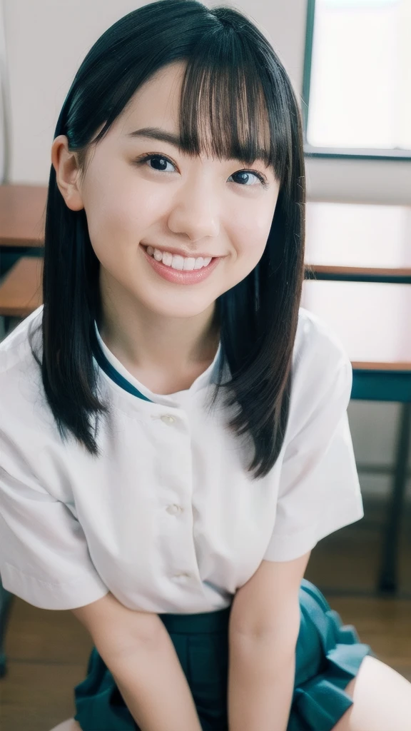 (Surreal Realism), (Awareness-raising), (High resolution), (8k), (Very detailed), (The best Awareness-raisingns), (Beautiful fine details), (highest quality), (Super detailed), (masterpiece), (wallpaper), (Detailed face), (Beautiful smile)、(Beautiful expression)、Side bangs、solo、((Baby Face))、(((topless)))、 (((small tits))), (((flat breast)))、((Dark blue pleated skirt))(Black knee-high socks:1.2)、Slender body、Seductive Pose:1.4、Looking into the camera、School classroom、((Place your hands on the desk))、((A look that captivates the audience:1.3))Spread your legs wide,Drooling,race,whitepanties