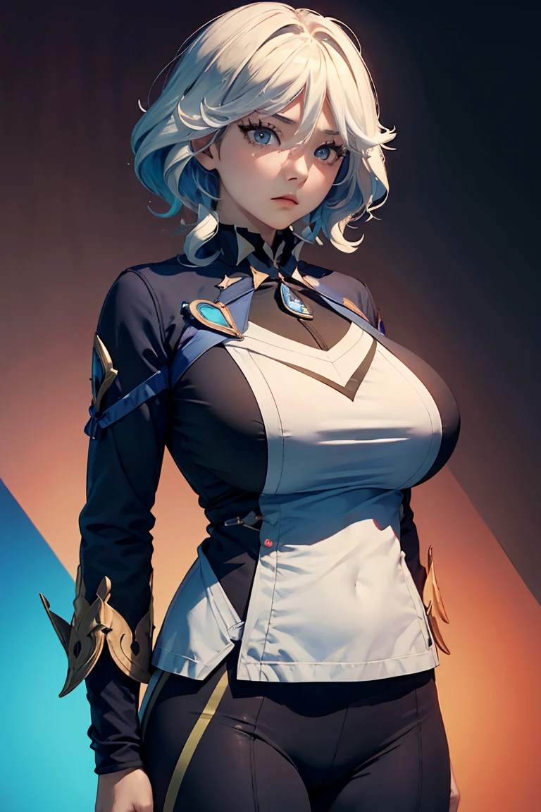 (masterpiece:1.4)、(highest quality:1.4)、ultra high resolution、beautiful features、20 year old woman、black very short hair、athletics uniforms、(huge breasts:1.2)、red face、serious expression、arena、stand、arms behind body