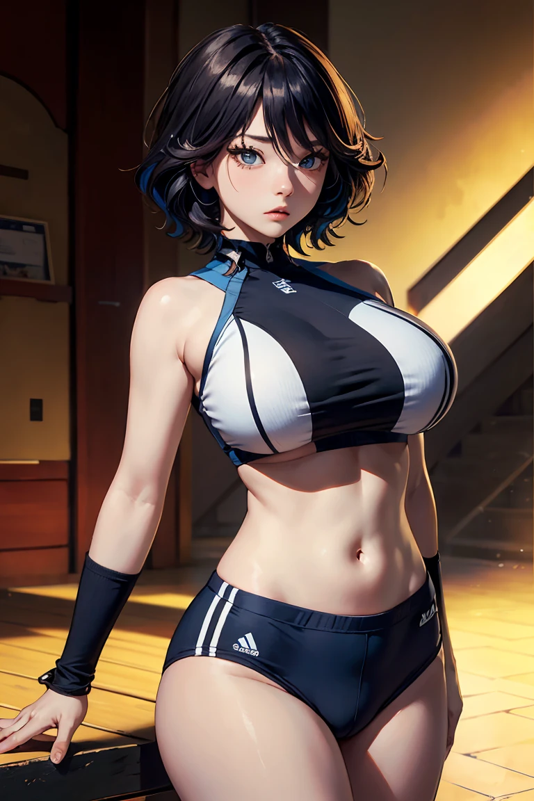 (masterpiece:1.4)、(highest quality:1.4)、ultra high resolution、beautiful features、20 year old woman、black very short hair、athletics uniforms、(huge breasts:1.2)、red face、serious expression、arena、stand、arms behind body