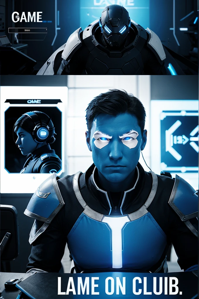 Banner colors: bright blue, black, white. Images: heroes, game scenes, text: "Game Club" design: cyber
