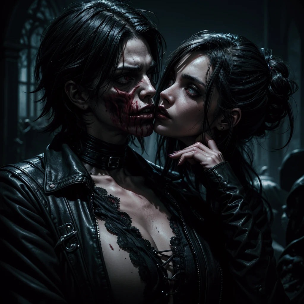a male zombie, a sexy dark female vampire kissing, gothic environment, dark fantasy, horror, vampires, undead, supernatural, moody lighting, dramatic shadows, high contrast, cinematic, intricate details, complex atmosphere, seamless composition, photorealistic, 8k, best quality, masterpiece