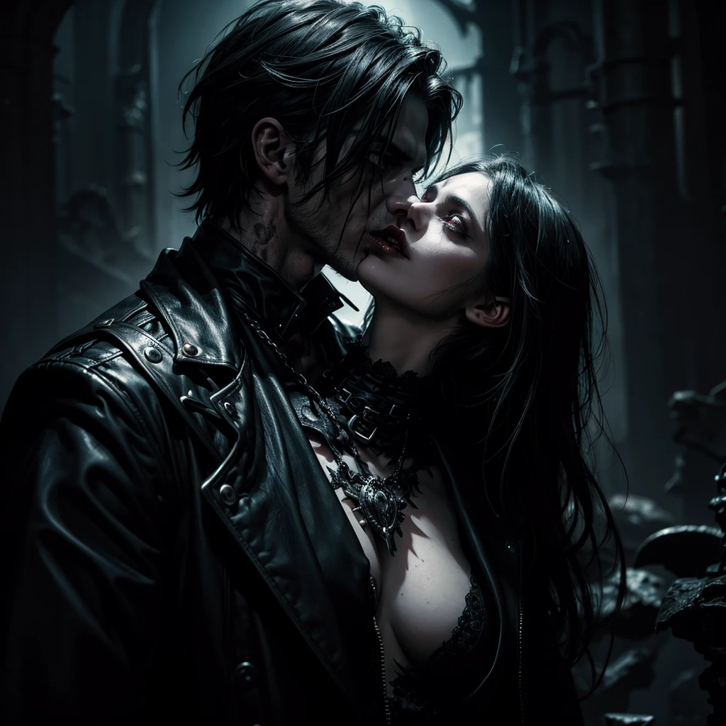 a male zombie, a sexy dark female vampire kissing, gothic environment, dark fantasy, horror, vampires, undead, supernatural, moody lighting, dramatic shadows, high contrast, cinematic, intricate details, complex atmosphere, seamless composition, photorealistic, 8k, best quality, masterpiece