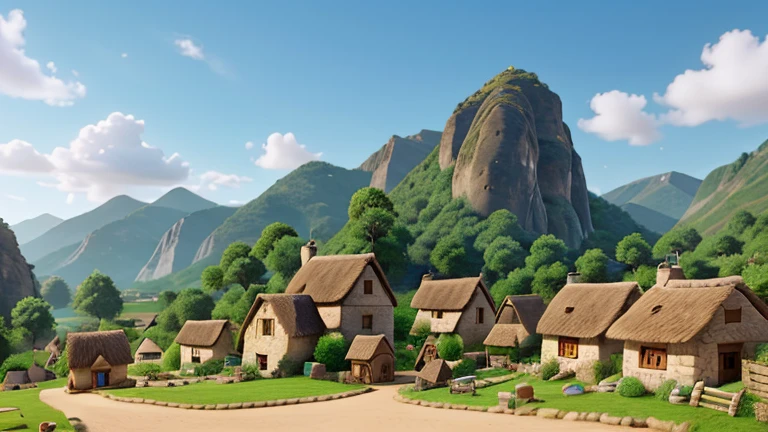 A small village surrounded by mountains, with stone houses and thatched roofs. In the center, a donkey, with bright eyes and a brave expression, carrying bags of flour and vegetables. The villagers are busy with their daily tasks, unaware of his determination.