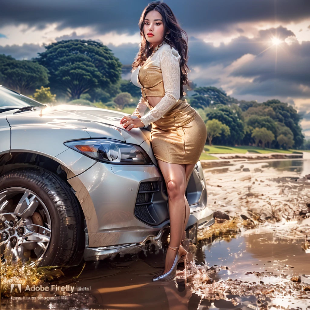 araffe woman, pretty lady MoonLay, posing in front of a car in a muddy area, auto photography, elegant pose, car photography, vehicle photography, full pose, modeling shoot, pretty face, pretty girl, iray, stylish pose, modeling photography, edited in photoshop, full body photoshoot, made with photoshop, photo taken with nikon d750, perfect anatomy, perfect legs,