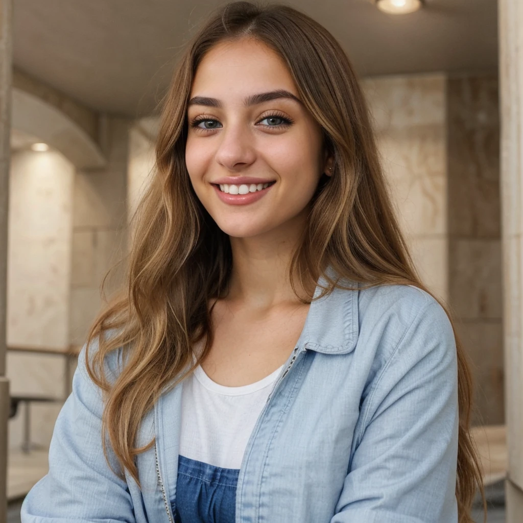 one cute women, 22YO, white, Arab, cute face, realistic brown eyes, blue jacket, blonde/brown hair, cute smile, skinny face, white realistic teethes, big eyes, long hair