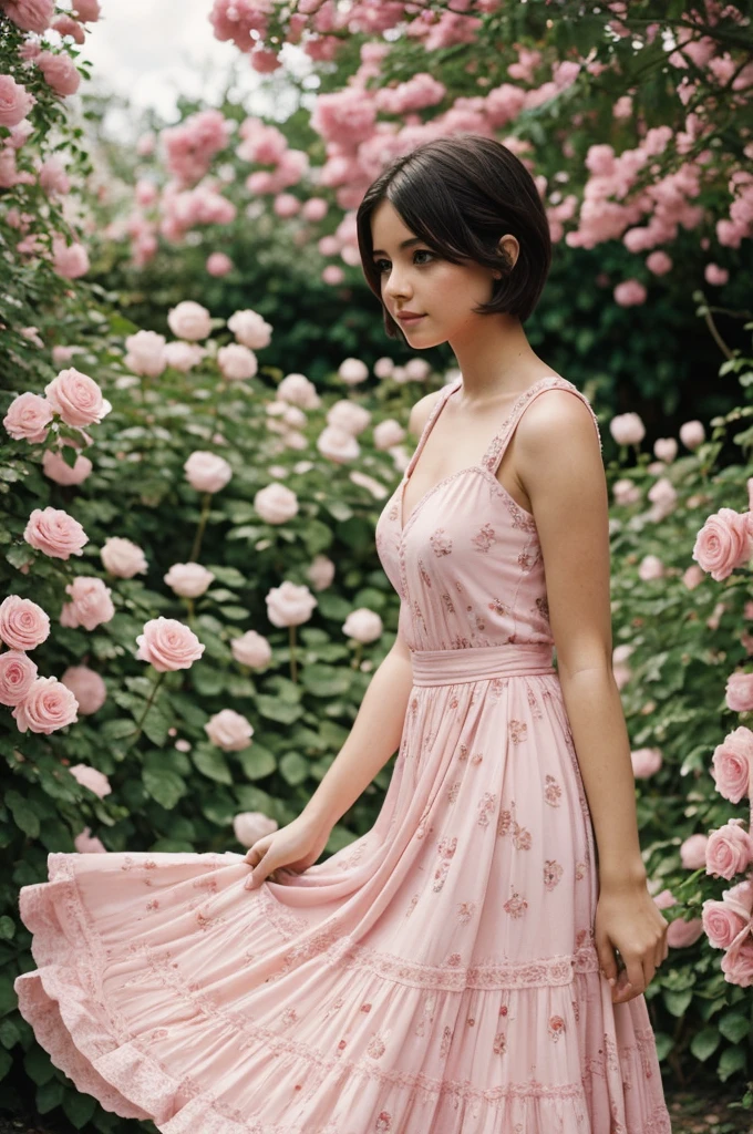 8K, foto cruda, fujifilm, Style photography of a beautiful young girl like Avril in a light pink rose garden. (piel muy detallada: 1.2) Style-Petal BREAK short hair, cabello rubio con mechones de colores, usando un vestido, film grain, 35mm, lindo estilo