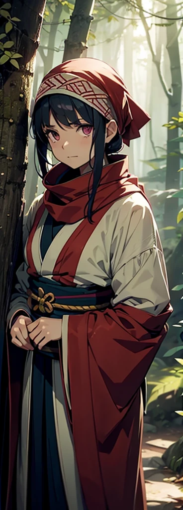 Kyoukai character cowl bandana on forehead 1girl standing alone in forest hiding in bushes