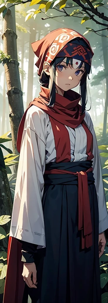 Kyoukai character cowl bandana on forehead 1girl standing alone in forest hiding in bushes