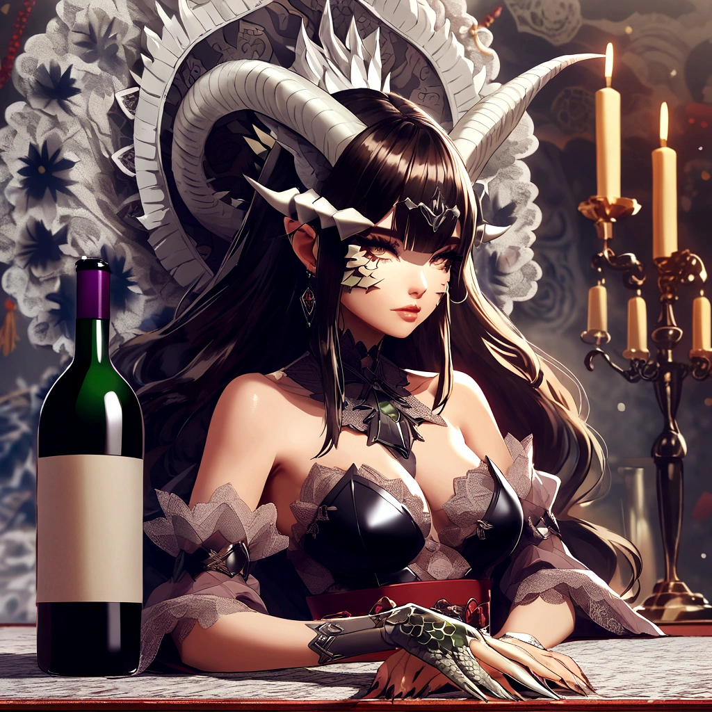 Very beautiful japanese Lady Dragon with wings and horns in black leather outfit with red belt and red ribbons on her legs.