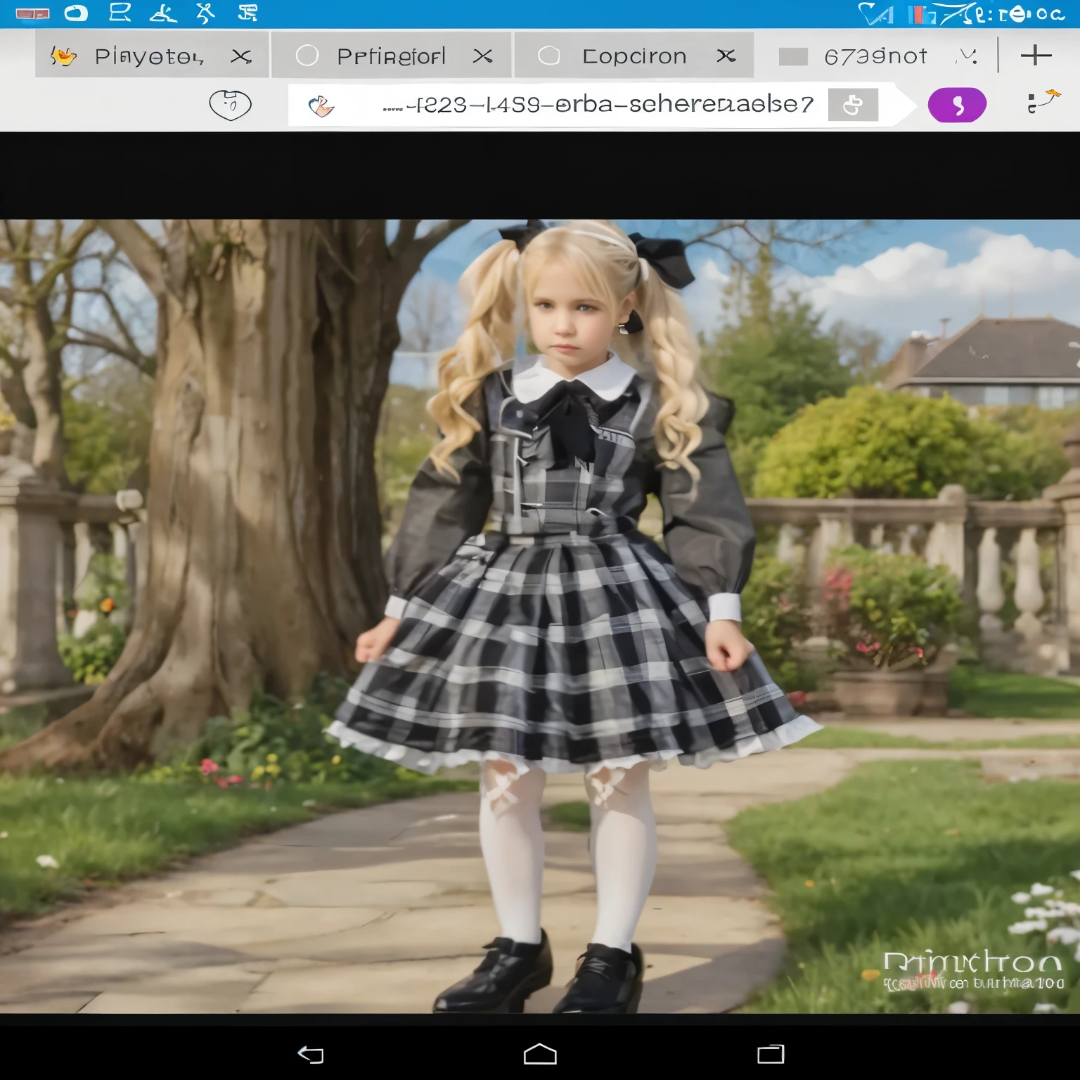 Pretty teen boy in black and white tartan dress. His long blond hairs tied in twin high ponytails by pretty haiirbows. He wears white pantyhose and black flat shoes. He has blue eays and A size chest. His ears pierced by pretty earrings. He walks through park.