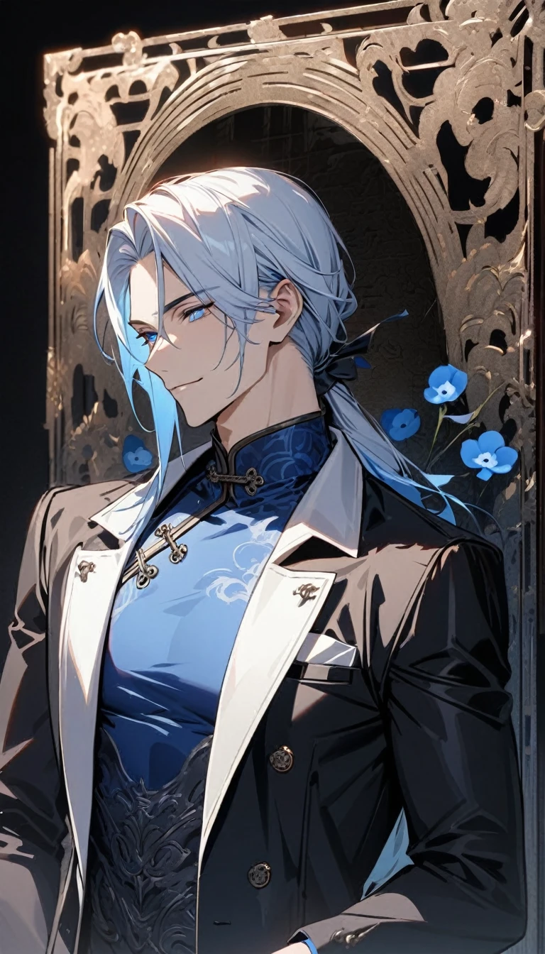 (masterpiece:1.5),best quality,(1 Handsome man),alone,white medium length hair,Low ponytail,(blue eyes), (A soft smile),elegant,perfect face,Fantasy Chinese style,Long black trench coat,white and blue cloth,Complex clothing design with Chinese elements,Black leather gloves,white lining,White suit pants,Slightly muscular body,High,8K,Beautiful contrast of light and shadow,Dark luxury background,(complete upper body),Positive face,((Nemophila)),luxury screen,blue flowers