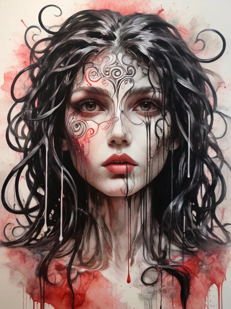 8K, rgb, hdr, pinturas de aceite, acuarelas, colores saturados brillantes, Anna Razumovskaya, Jarek Kubicki, Aleksi Brilo, Darek Zabrotsky, sakimichan, lois, Aminola Rezai, foto CRUDA, negro, dark Rojo, de cerca, Retrato de Medusa, mixed media collage. text with inscription "eloise", hermoso rostro. calligraphy, Gouache Wash, Boceto a pluma, lineas finas, Vintage illustration style. negro, blanco, Rosa coral, Rojo, pelo rubio, beautiful patterns  ral-negrolight