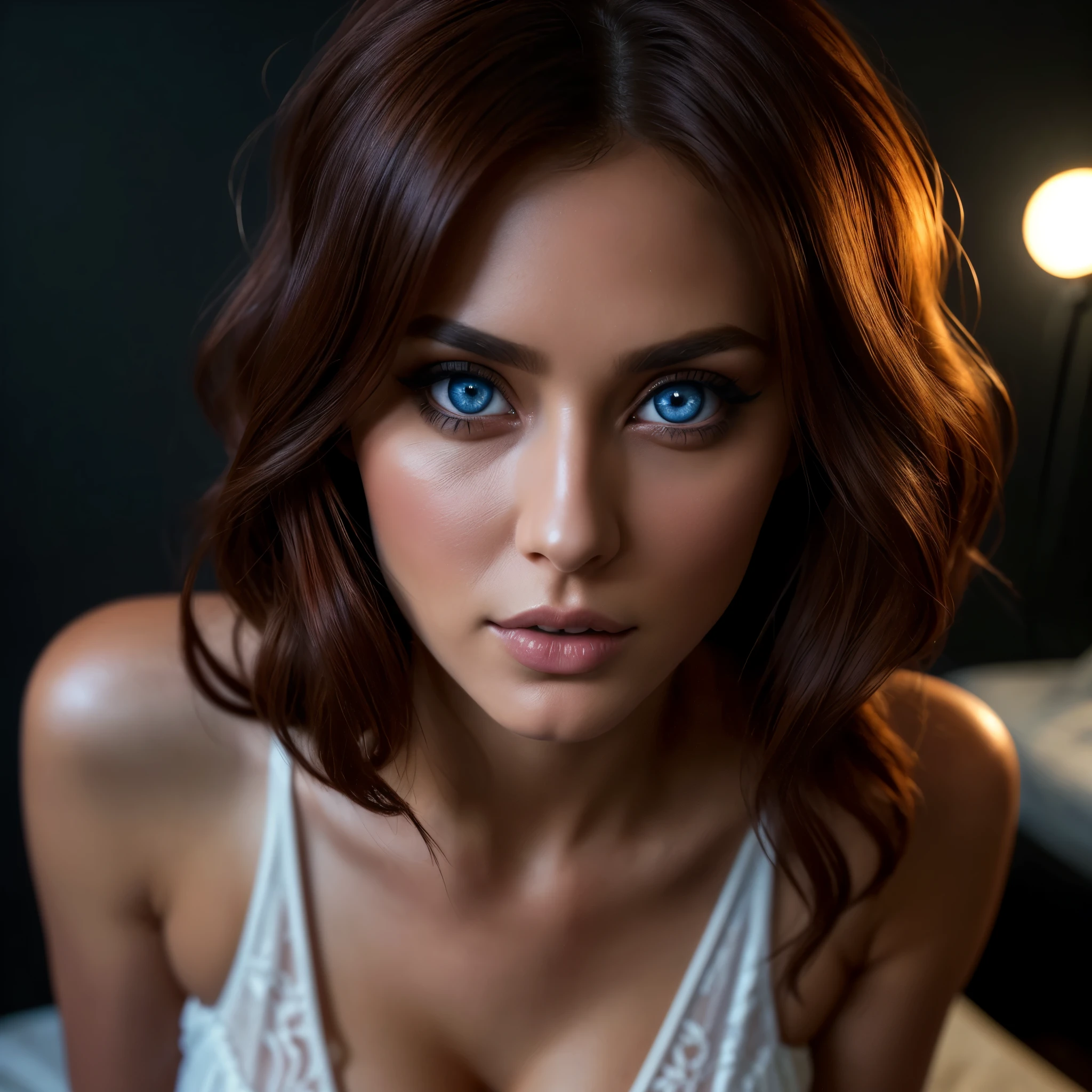 (((Full body 1.1, panorama, full-length, wallpaper, photo-posing, for magazine cover 1.1))), (((( very beautiful eyes 1.1)))). (perfect details: 1.1), (beautiful and clear background: 1.2), (extremely detailed CG, ultra detailed, best shadow: 1.1), (((finely detailed beautiful eyes))), (full length 1.1).a very beautiful woman with dark skin, red hair in a bob hairstyle, expressive blue eyes, wearing white lace lingerie, in a bedroom setting with a sexy and erotic atmosphere,(best quality,4k,8k,highres,masterpiece:1.2), ultra-detailed,(realistic,photorealistic,photo-realistic:1.37),portrait,glamorous,dramatic lighting,cinematic,chiaroscuro HDMI, HDRI, UDHD,(( Scatter effect)), (( volume effect 1.1)), (( Depth sharpness 1.1)), ((fisheye lens)).(perfect details: 1.1), (beautiful and clear background: 1.2), (extremely detailed CG, ultra detailed, best shadow: 1.1), (finely detailed beautiful eyes) , (full-length 1.1)