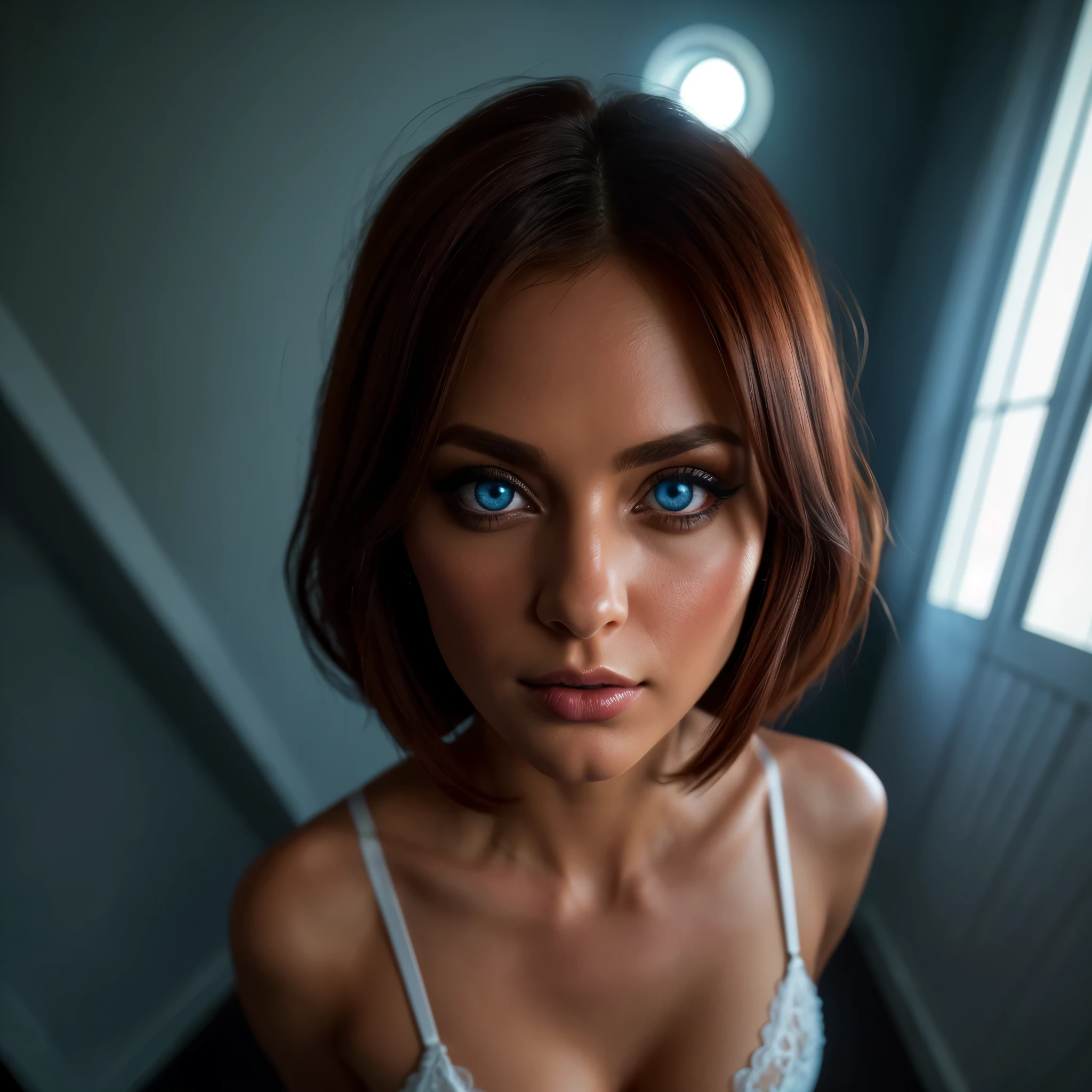 (((Full body 1.1, panorama, full-length, wallpaper, photo-posing, for magazine cover 1.1))), (((( very beautiful eyes 1.1)))). (perfect details: 1.1), (beautiful and clear background: 1.2), (extremely detailed CG, ultra detailed, best shadow: 1.1), (((finely detailed beautiful eyes))), (full length 1.1).a very beautiful woman with dark skin, red hair in a bob hairstyle, expressive blue eyes, wearing white lace lingerie, in a bedroom setting with a sexy and erotic atmosphere,(best quality,4k,8k,highres,masterpiece:1.2), ultra-detailed,(realistic,photorealistic,photo-realistic:1.37),portrait,glamorous,dramatic lighting,cinematic,chiaroscuro HDMI, HDRI, UDHD,(( Scatter effect)), (( volume effect 1.1)), (( Depth sharpness 1.1)), ((fisheye lens)).(perfect details: 1.1), (beautiful and clear background: 1.2), (extremely detailed CG, ultra detailed, best shadow: 1.1), (finely detailed beautiful eyes) , (full-length 1.1)