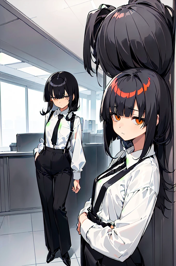 (((((shy girl))))), ((((shy posture)))), (((1 Girl))), (((standing up straight))), (((full body))), (((amber-colored irises))), ((((flat chested)))), ((((Urabe Mikoto Mysterious Girlfriend X anime style haircut)))), ((((black hair)))), ((((((((hair bangs over eyes)))))))), ((((eyes hiding behind hair)))), (((short messy bob-cut))), ((((((eyes not visible due to being covered by hair)))))), ((eyes not visible due to be hidden by hair bangs)), ((((black high-waist long slacks)))), ((black suspenders)), (((black tie))), (((women's dress shirt))), ((women's dress shoes)), (((20-year-old Office Lady))), ((((Office Setting))).