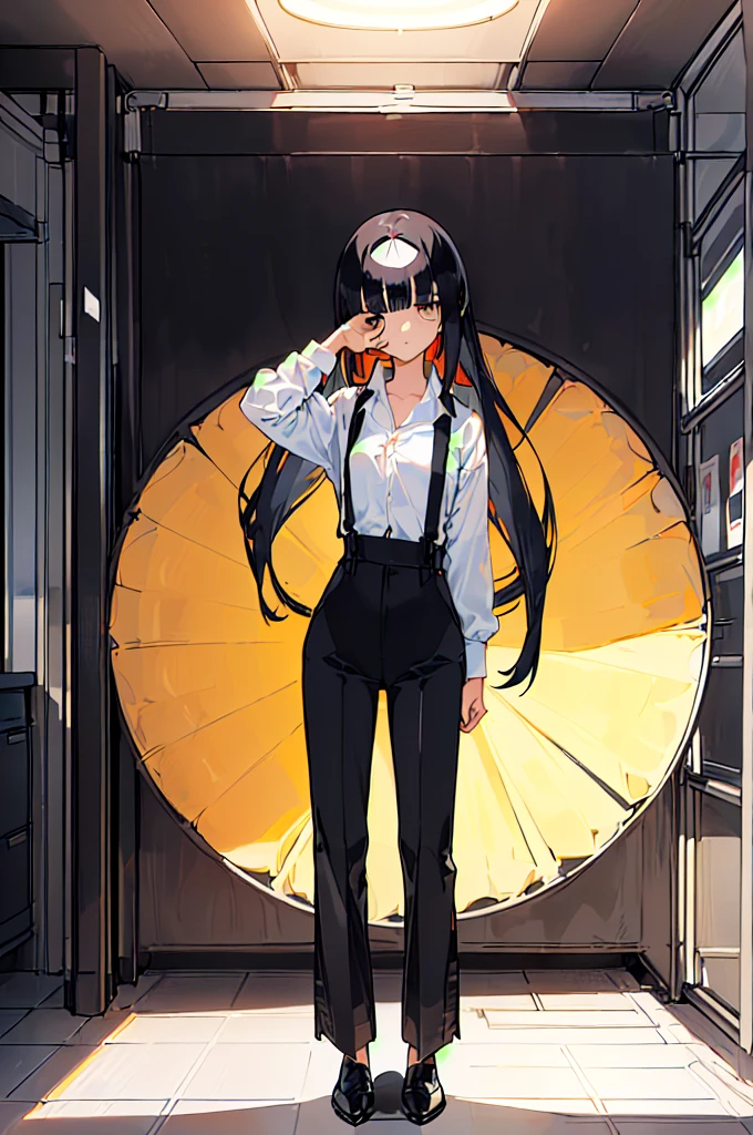 (((((shy girl))))), ((((shy posture)))), (((1 Girl))), (((standing up straight))), (((full body))), (((amber-colored irises))), ((((flat chested)))), ((((Urabe Mikoto Mysterious Girlfriend X anime style haircut)))), ((((black hair)))), ((((((((hair bangs over eyes)))))))), ((((eyes hiding behind hair)))), (((short messy bob-cut))), ((((((eyes not visible due to being covered by hair)))))), ((eyes not visible due to be hidden by hair bangs)), ((((black high-waist long slacks)))), ((black suspenders)), (((black tie))), (((women's dress shirt))), ((women's dress shoes)), (((20-year-old Office Lady))), ((((Office Setting))).