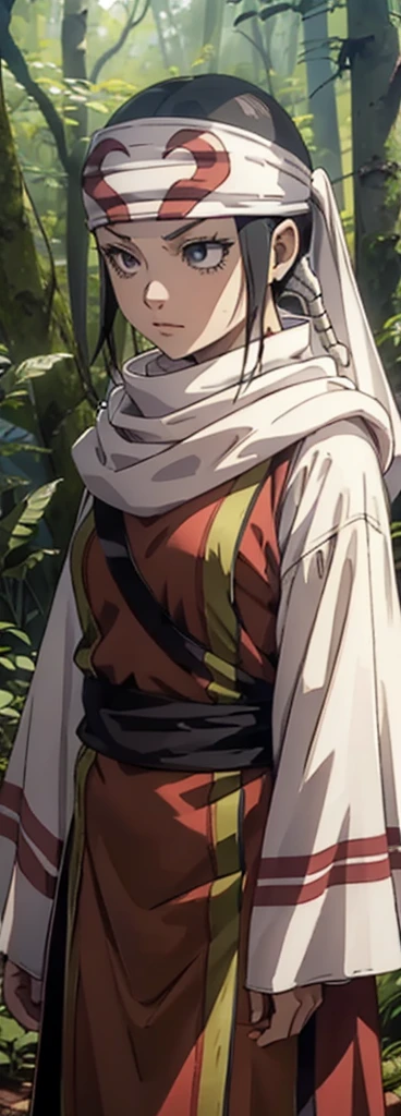 Kyoukai character cowl bandana on forehead  1girl standing alone in forest hiding in bushes 