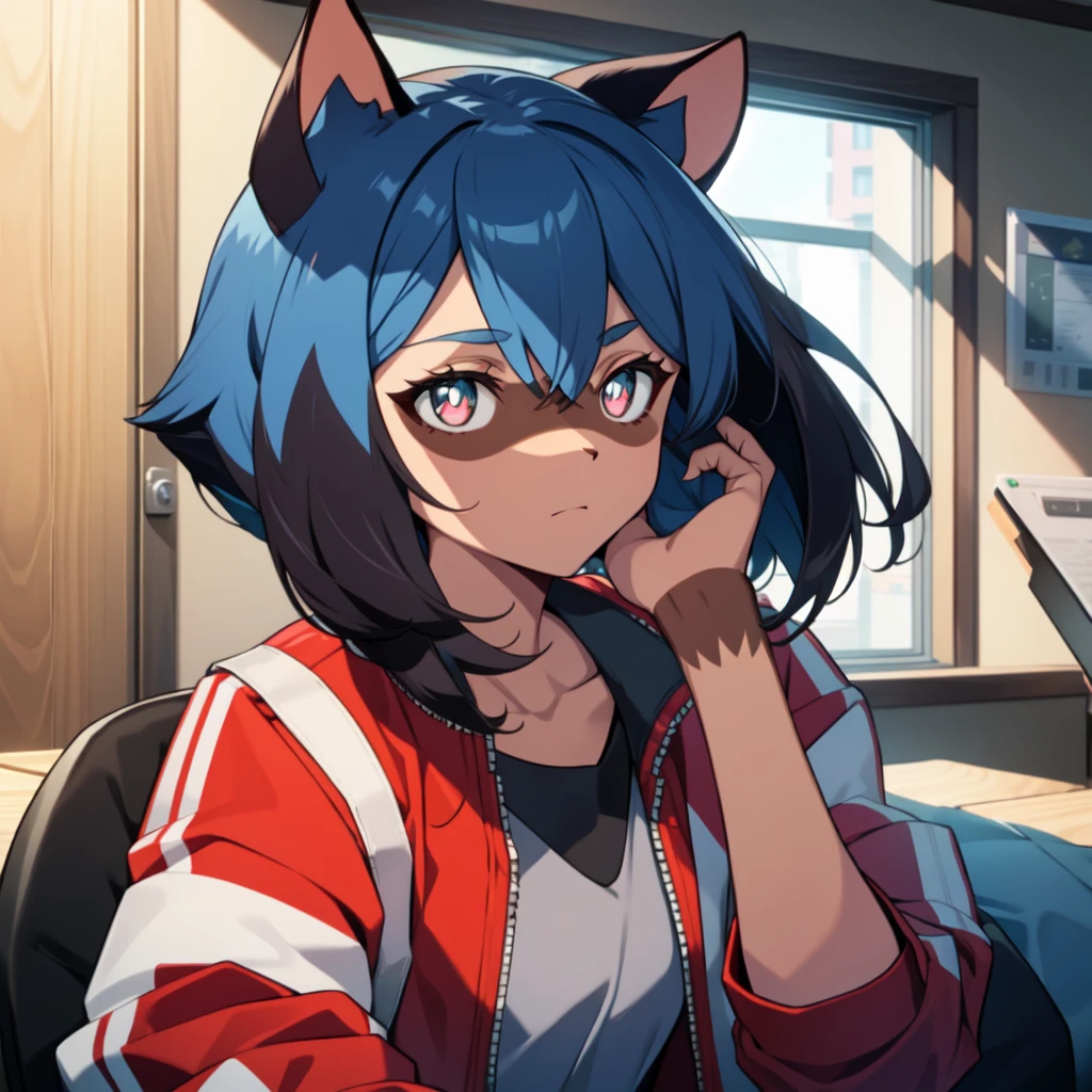 BNA masterpiece, best quality, 1girl, animal ears, solo, red jacket, jacket, furry, raccoon ears, furry female, blue hair, short hair, raccoon girl, closed mouth, shirt, upper body, multicolored hair, track jacket, indoors, body fur, multicolored eyes, black hair, white shirt, two-tone hair, looking to the side, bangs, hair between eyes, open clothes, animal nose