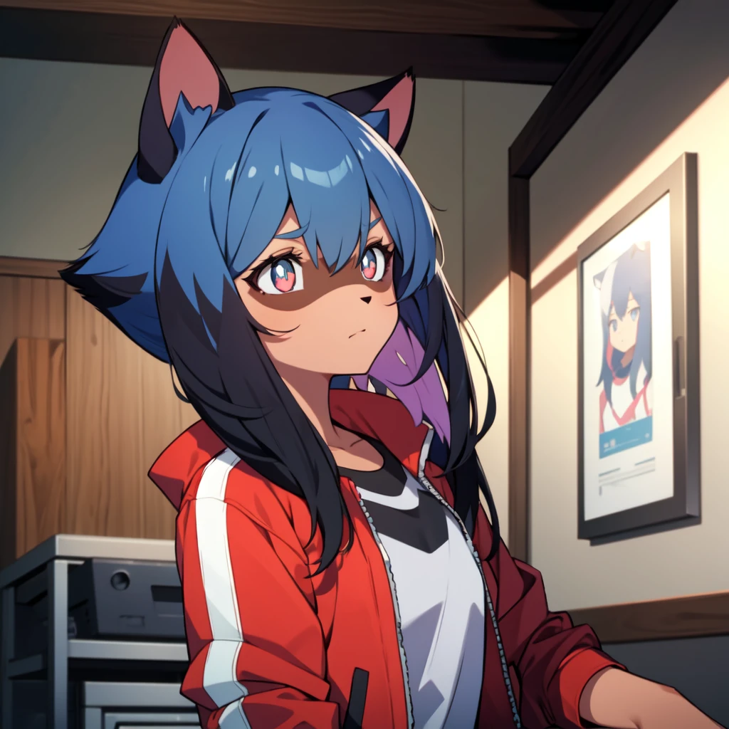 BNA masterpiece, best quality, 1girl, animal ears, solo, red jacket, jacket, furry, raccoon ears, furry female, blue hair, short hair, raccoon girl, closed mouth, shirt, upper body, multicolored hair, track jacket, indoors, body fur, multicolored eyes, black hair, white shirt, two-tone hair, looking to the side, bangs, hair between eyes, open clothes, animal nose