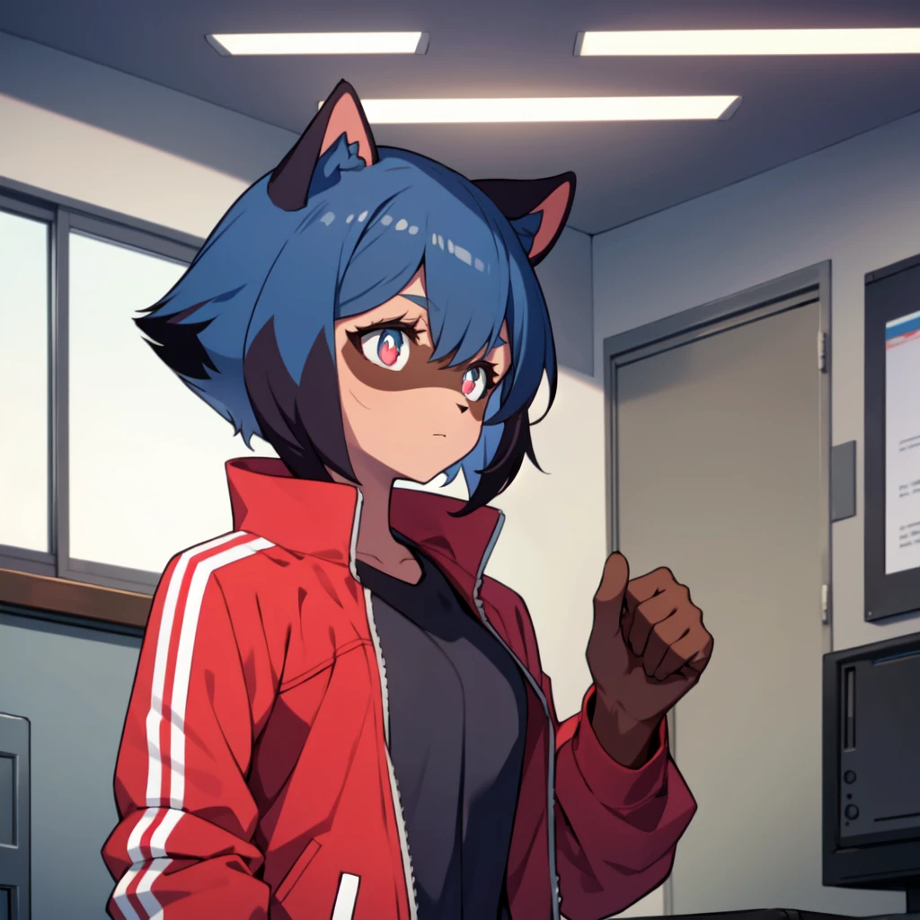 BNA masterpiece, best quality, 1girl, animal ears, solo, red jacket, jacket, furry, raccoon ears, furry female, blue hair, short hair, raccoon girl, closed mouth, shirt, upper body, multicolored hair, track jacket, indoors, body fur, multicolored eyes, black hair, white shirt, two-tone hair, looking to the side, bangs, hair between eyes, open clothes, animal nose